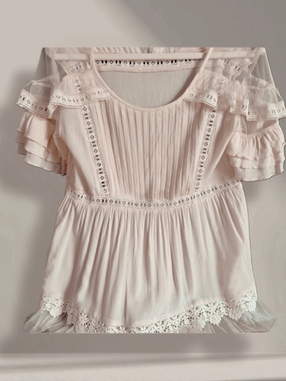 Pol Women’s Dusty Rose Flowing Babydoll Top with Lace Trim & Pintuck Front